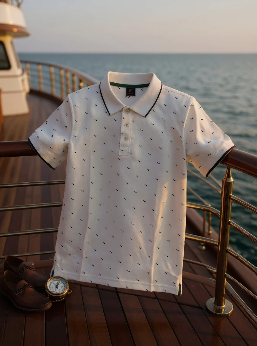 Men’s White Printed Polo Shirt – Premium Cotton Smart Casual Wear-AB-1