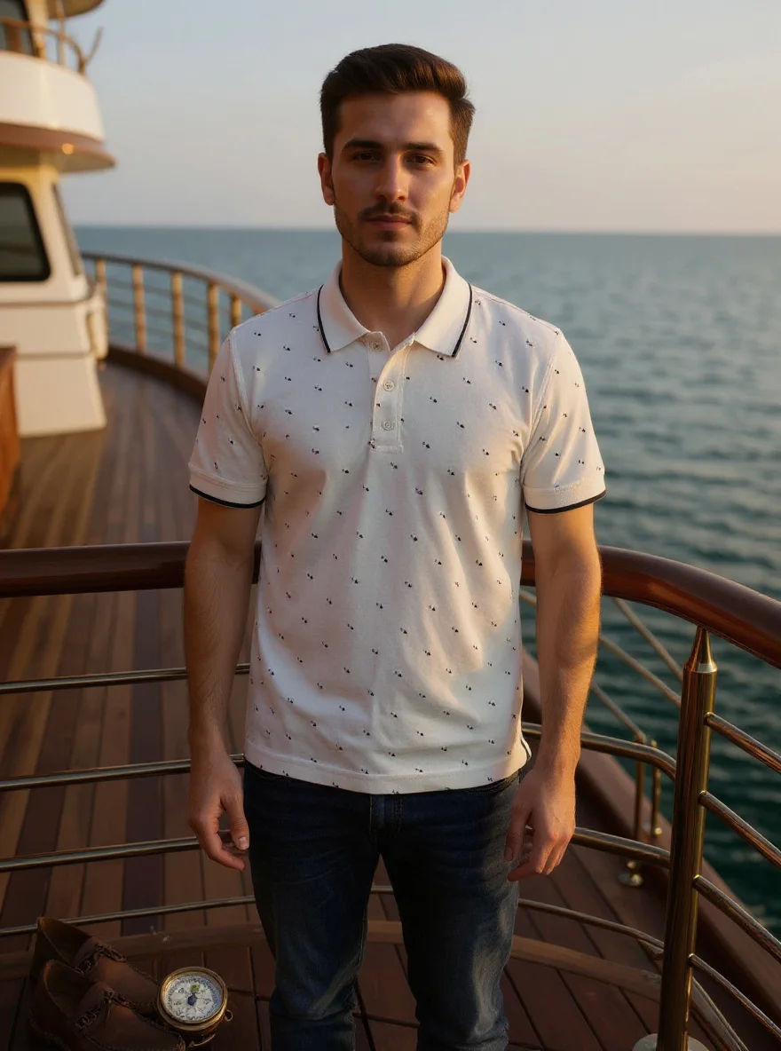 Men’s White Printed Polo Shirt – Premium Cotton Smart Casual Wear-AB-1