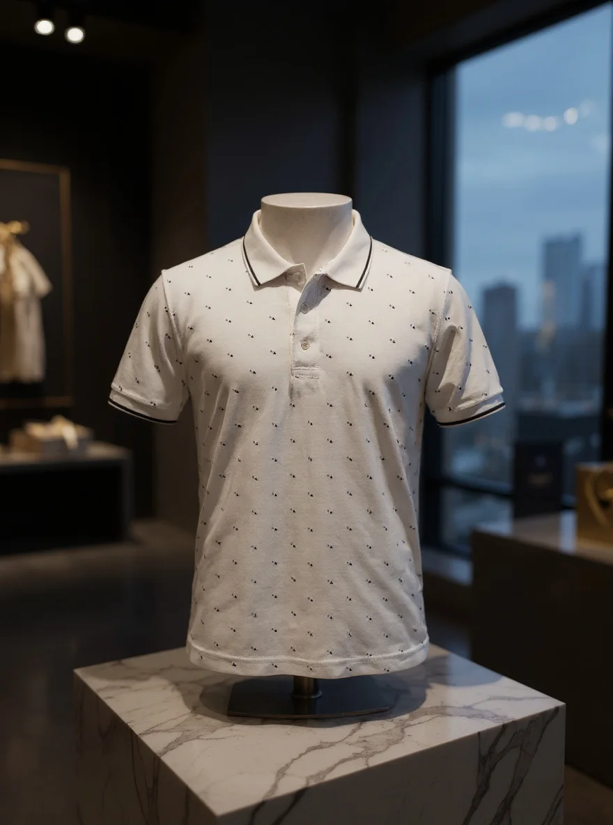 Men’s White Printed Polo Shirt – Premium Cotton Smart Casual Wear-AB-1