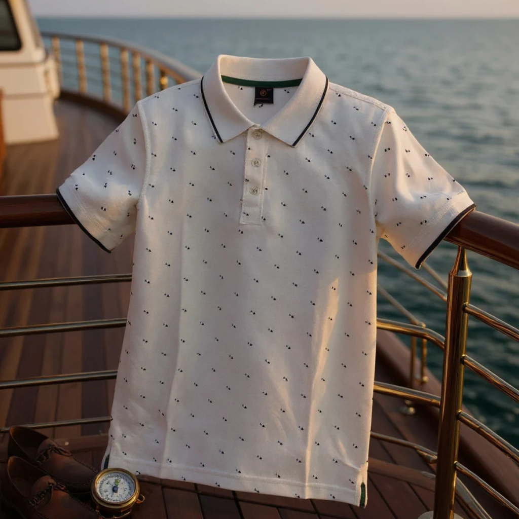 Men’s White Printed Polo Shirt – Premium Cotton Smart Casual Wear-AB-3